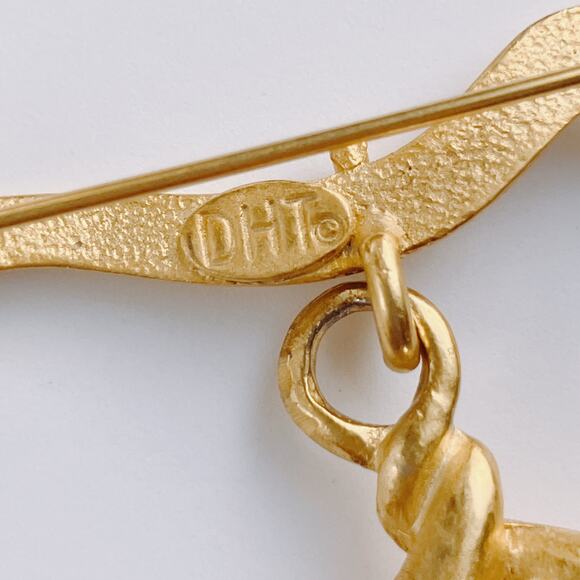 VTG Signed DHT Modernist Gold Tone Brooch w/ Large Faux Pearl Drop Dinah Taylor - Picture 8 of 10